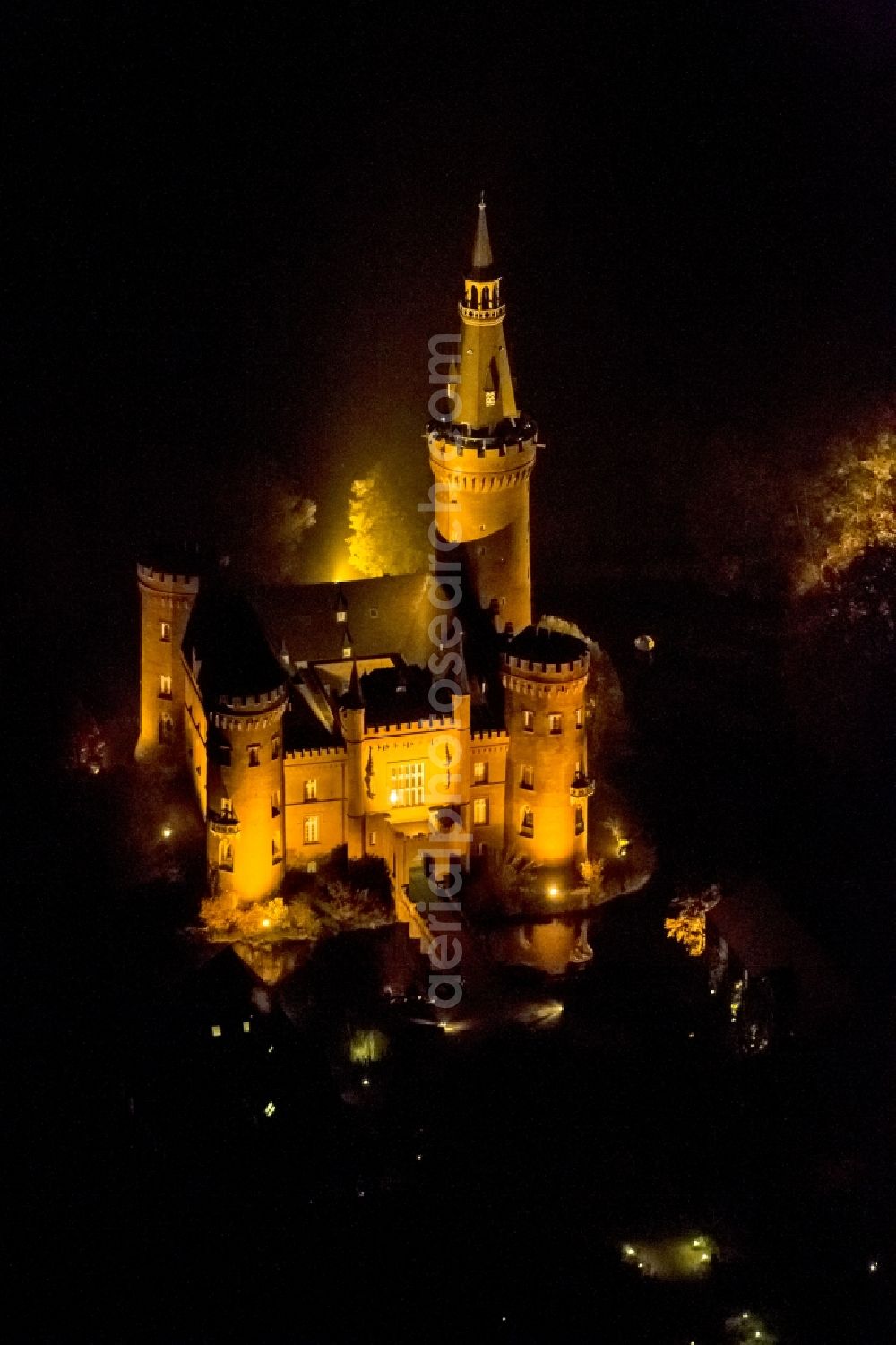 Bedburg-Hau from the bird's eye view: 06/09/2012 Bedburg-Hau View of the water tower Moyland in the state of North Rhine-Westphalia. The neo-Gothic monument is home to a museum's extensive collection of modern art of the brothers van der Grinten and is a popular destination on the Lower Rhine