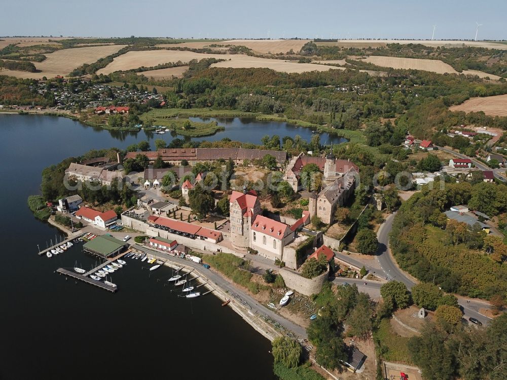 Seegebiet Mansfelder Land from above - Building and castle park systems of water castle on Vietzbach in Seeburg in the state Saxony-Anhalt, Germany