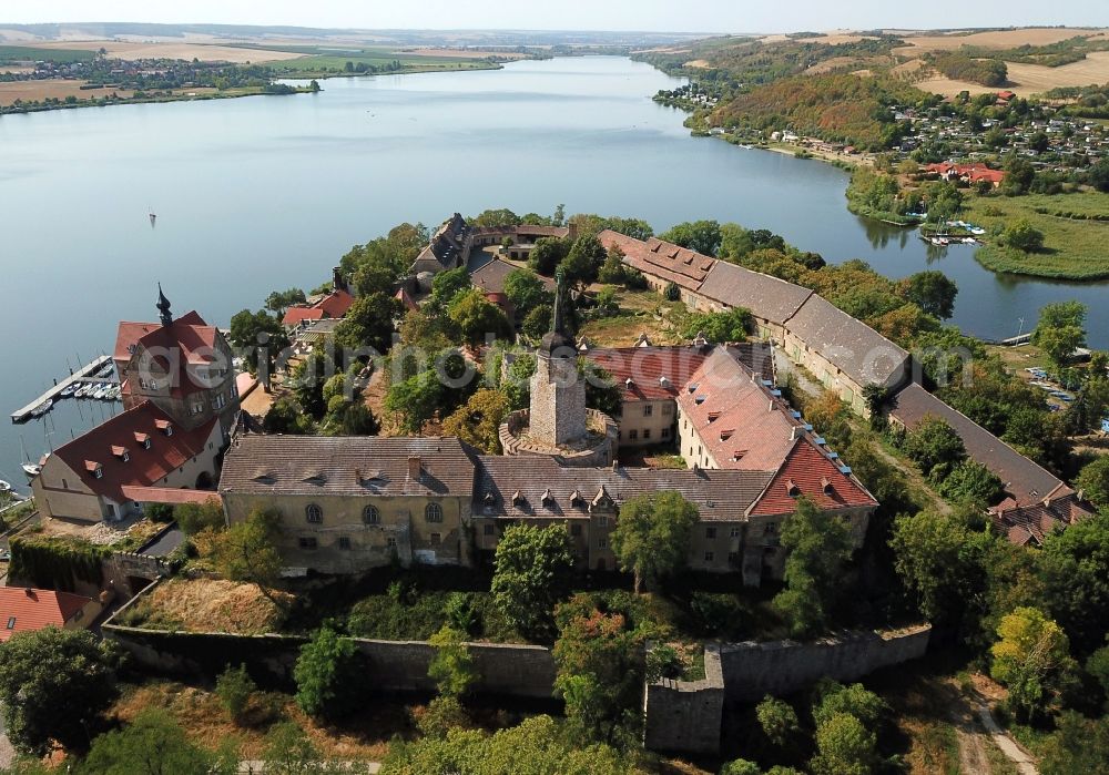 Seegebiet Mansfelder Land from above - Building and castle park systems of water castle on Vietzbach in Seeburg in the state Saxony-Anhalt, Germany