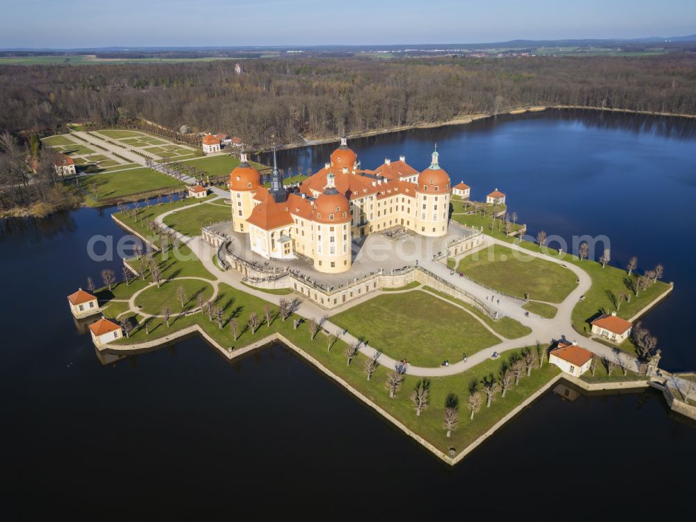 Moritzburg from above - Building and castle park systems of water- and huntig-castle on street Schlossallee in Moritzburg in the state Saxony, Germany