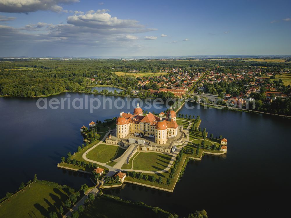 Moritzburg from above - Hunting and moated castle and castle park in the castle pond in Moritzburg in the federal state of Saxony, Germany