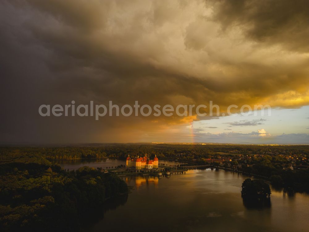 Moritzburg from above - Hunting and moated castle and castle park in the castle pond in Moritzburg in the federal state of Saxony, Germany