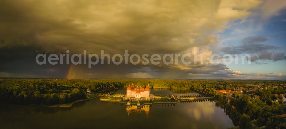 Moritzburg from above - Hunting and moated castle and castle park in the castle pond in Moritzburg in the federal state of Saxony, Germany