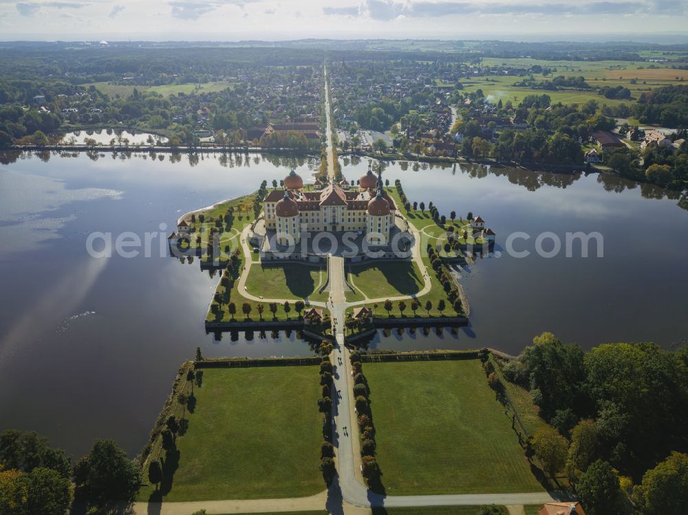 Moritzburg from above - Hunting and moated castle and castle park in the castle pond in Moritzburg in the federal state of Saxony, Germany