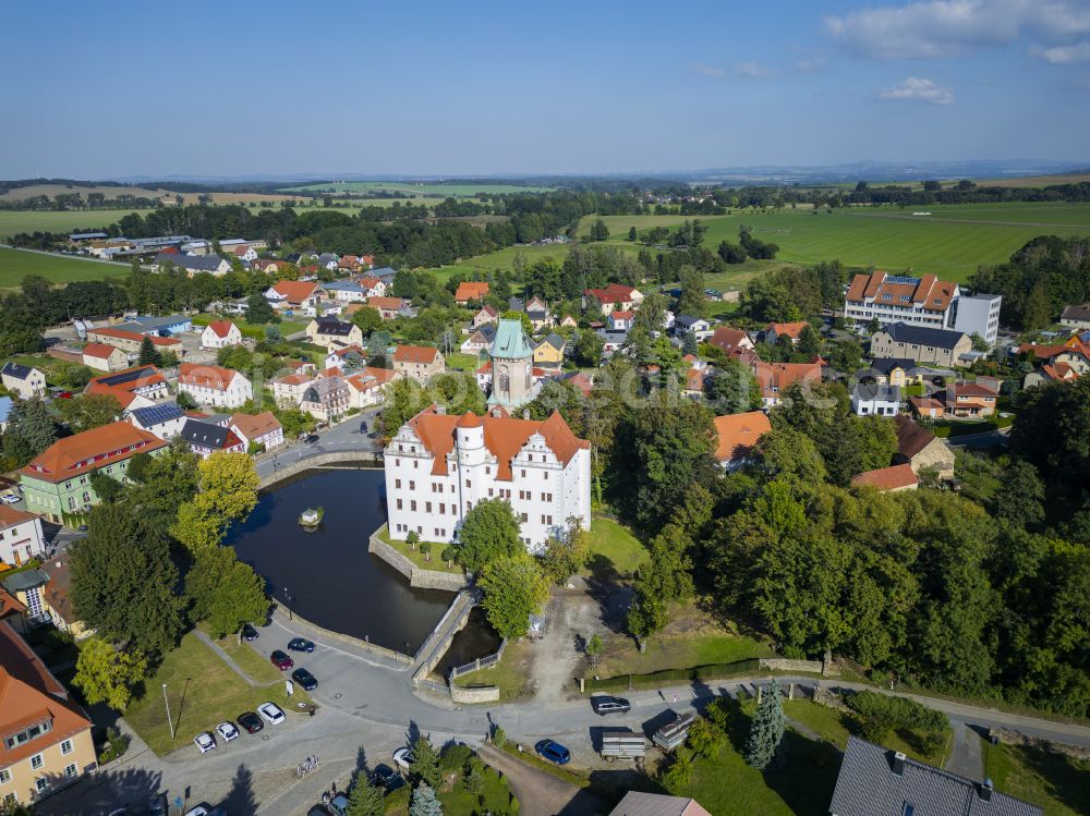 Dresden from above - Schoenfeld moated castle and church in Dresden in the state of Saxony, Germany