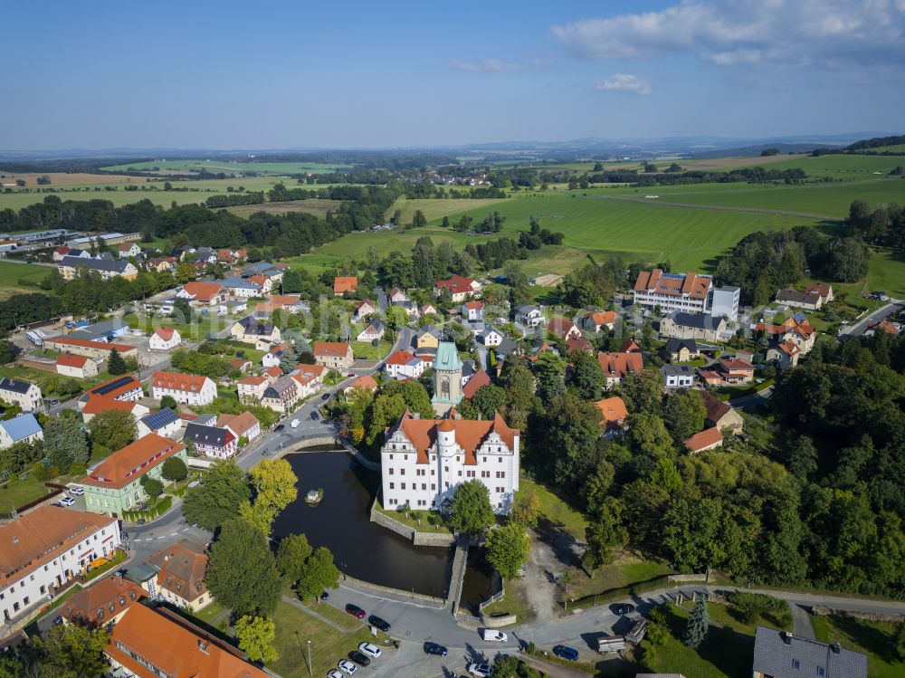 Dresden from the bird's eye view: Schoenfeld moated castle and church in Dresden in the state of Saxony, Germany