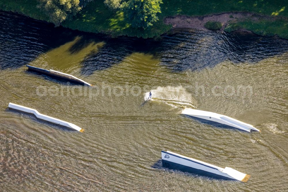 Aerial image Duisburg - Waterski Wedau jumping facility at Margaretensee in the ensemble of the sports facilities Wedau Sportpark in Duisburg in the federal state of North Rhine-Westphalia, Germany