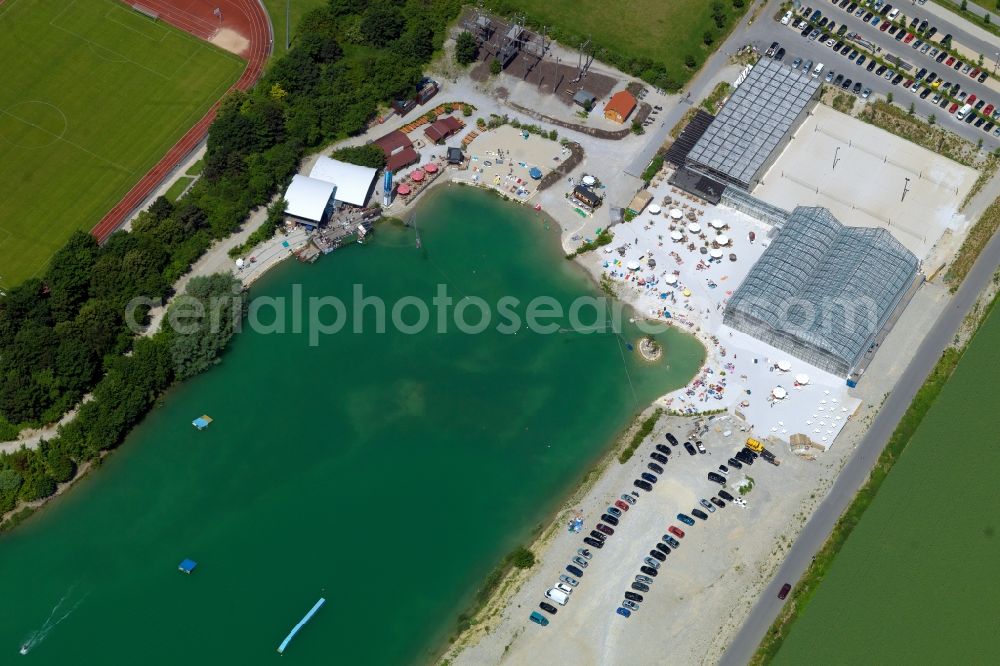 Aschheim from above - Water ski park Aschheim and sports facilities in Aschheim in the state of Bavaria. The park includes two waterski and wakeboard facilities and a beach area