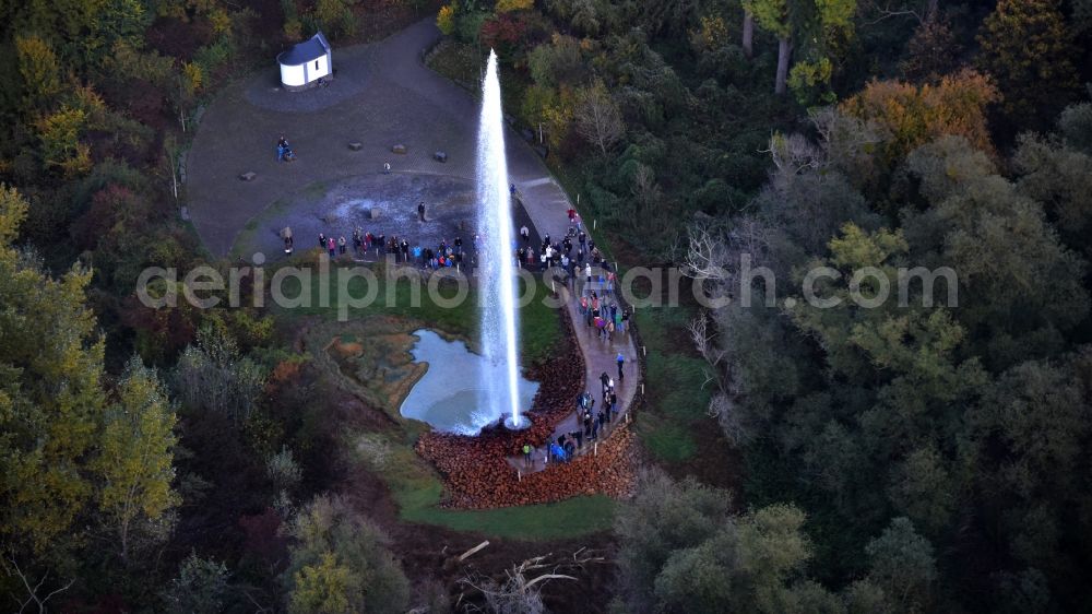 Aerial image Andernach - Water - fountain in the Geysir of Namedyer Werth in Andernach in the state Rhineland-Palatinate, Germany