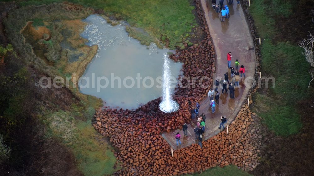 Aerial photograph Andernach - Water - fountain in the Geysir of Namedyer Werth in Andernach in the state Rhineland-Palatinate, Germany