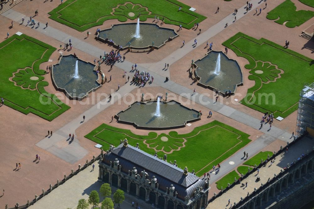 Aerial photograph Dresden - View over the inner yard of Zwinger, a landmark of Dresden and one of the most important complete artworks in Germany, built in Baroque style