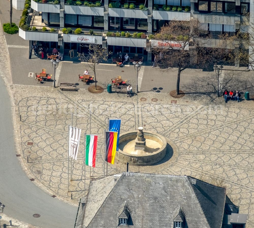 Aerial image Brilon - Water - fountain in the market place in Brilon in the state North Rhine-Westphalia, Germany