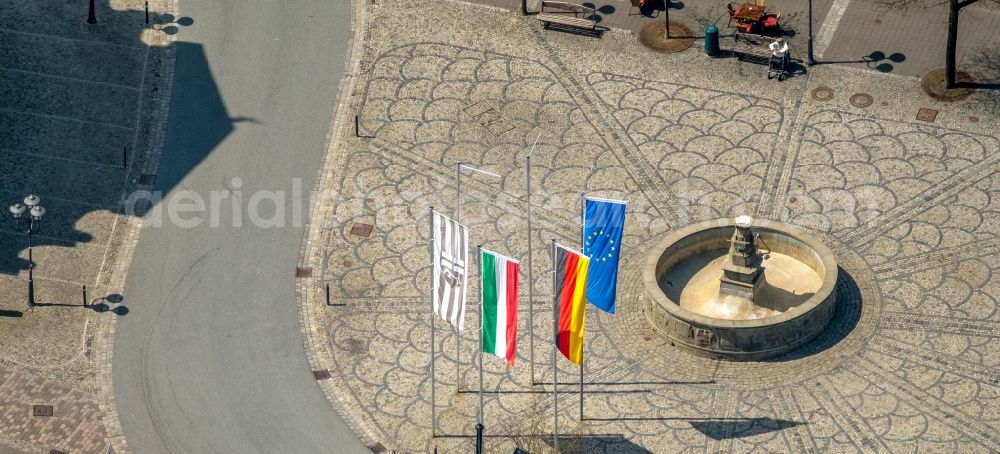 Brilon from above - Water - fountain in the market place in Brilon in the state North Rhine-Westphalia, Germany