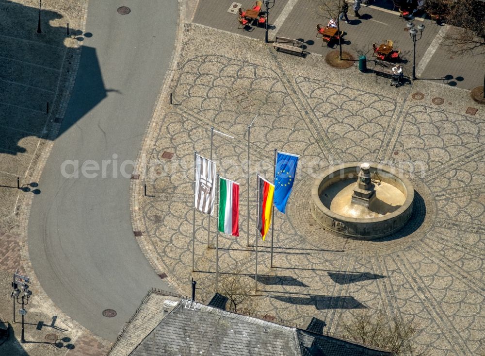 Brilon from the bird's eye view: Water - fountain in the market place in Brilon in the state North Rhine-Westphalia, Germany