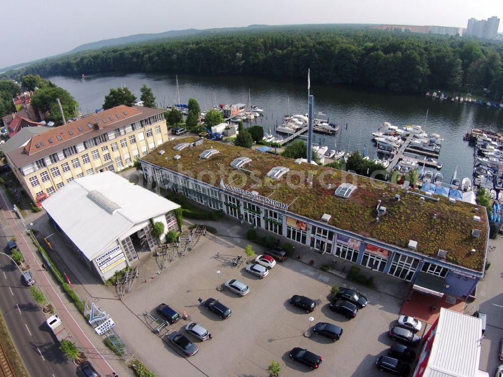 Berlin from above - Pleasure boat marina with docks and moorings on the shore area of Mueggelspree in Berlin