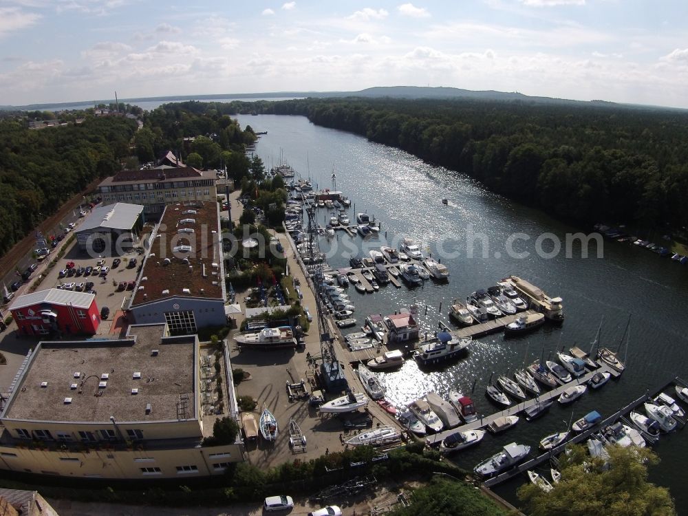 Berlin from the bird's eye view: Pleasure boat marina with docks and moorings on the shore area of Mueggelspree in Berlin