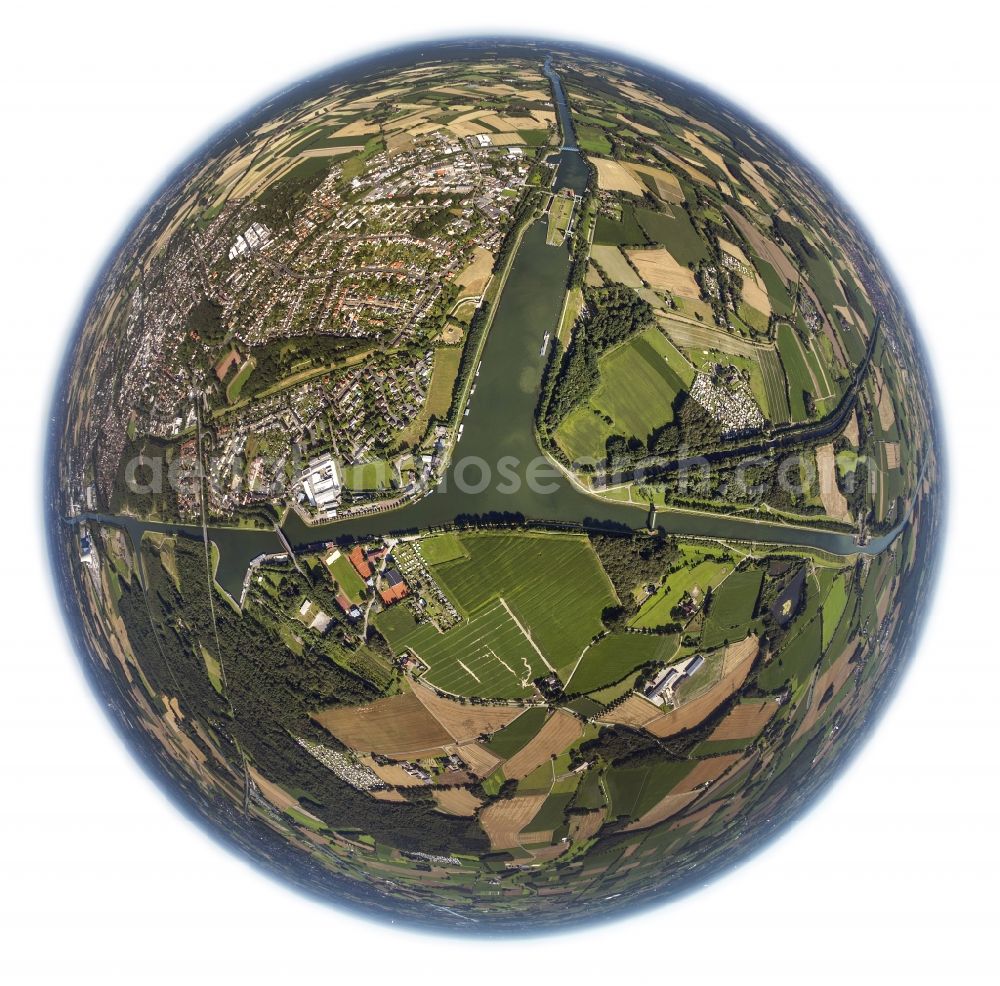 Aerial image Datteln - Fisheye view at the waterway crossing Datteln, also called channel cross Datteln near Datteln in the federal state North Rhine-Westphalia. It connects the channels of the West German canal network. Responsible is the Water and Shipping Office Meiderich