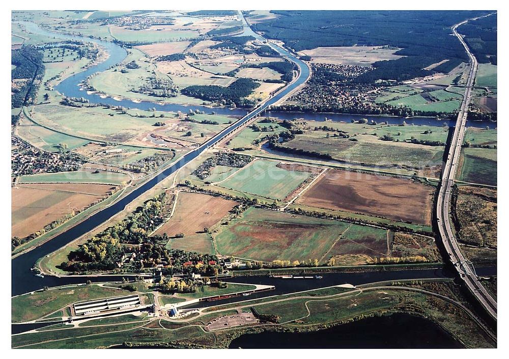 Hohenwarthe / Sachsen Anhalt from the bird's eye view: Wasserstraßenkreuz Magdeburg Blick auf die neue Kanalbrücke über die Elbe, die Schleuse Rothensee und das Schiffshebewerk Rothensee.