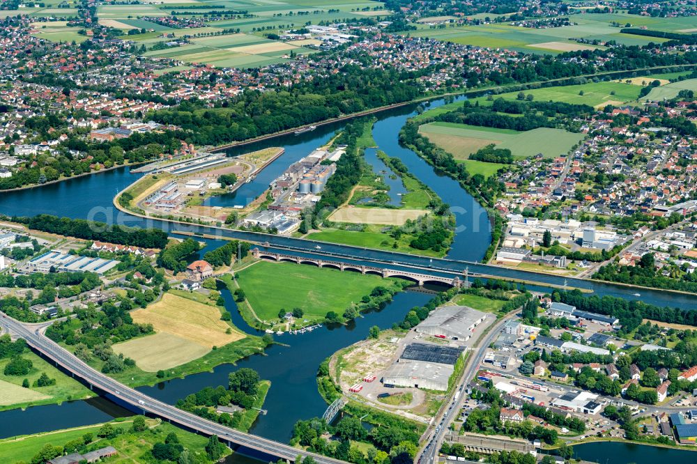 Minden from above - Waterway crossing the Weser to the Mittelland Canal in Minden in North Rhine-Westphalia