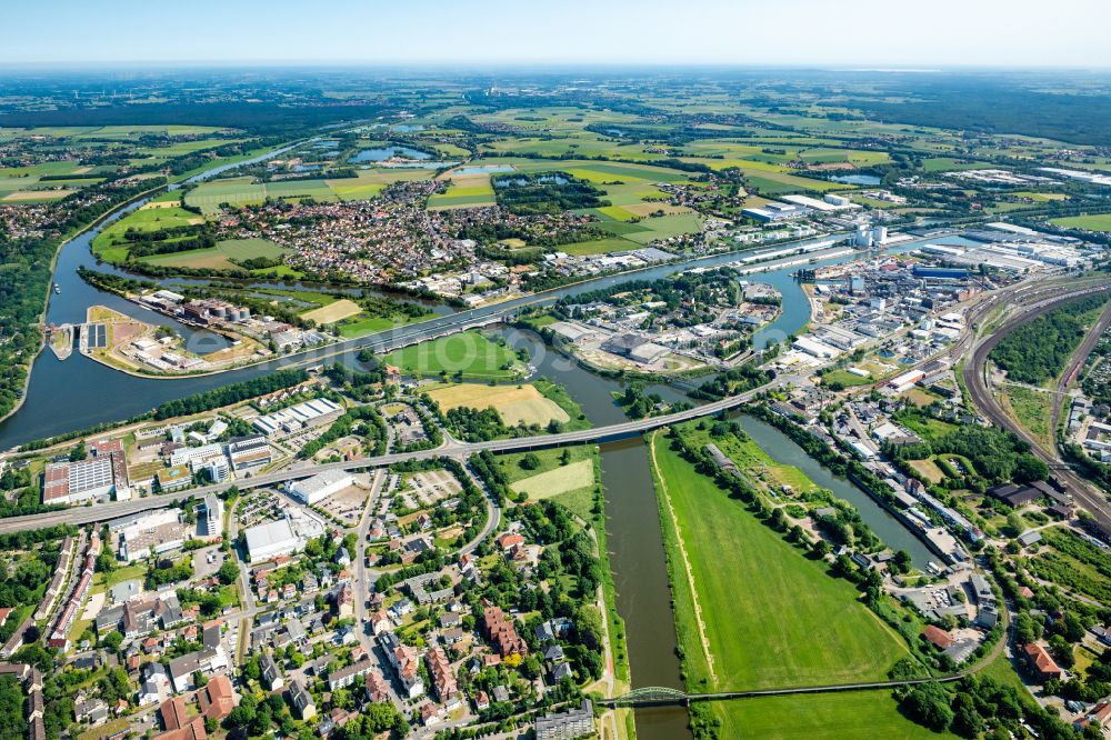 Minden from the bird's eye view: Waterway crossing the Weser to the Mittelland Canal in Minden in North Rhine-Westphalia