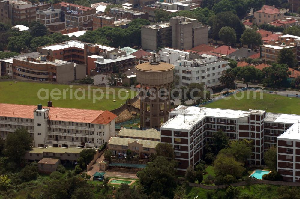 Johannesburg from the bird's eye view: Water Tower and viewpoint at the highest point in the Highlands suburb of Johannesburg. The viewpoint offers a particularly good overview of the mines in the southern part of town