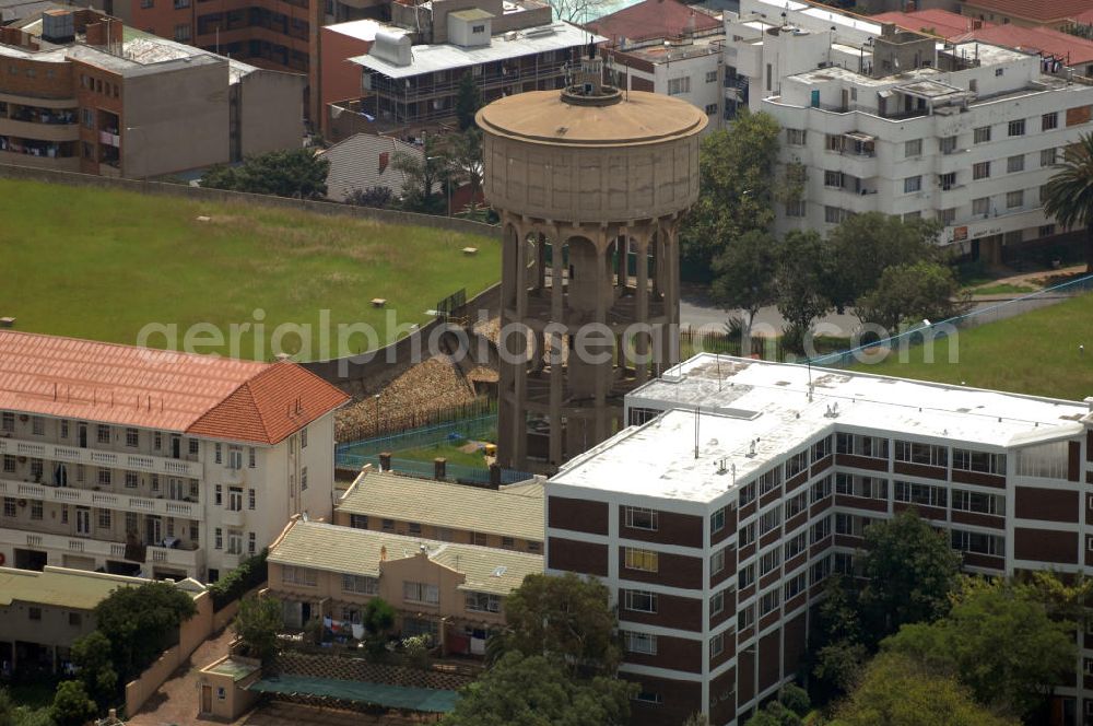 Aerial image Johannesburg - Water Tower and viewpoint at the highest point in the Highlands suburb of Johannesburg. The viewpoint offers a particularly good overview of the mines in the southern part of town