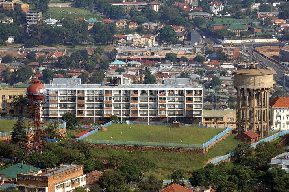 Johannesburg from the bird's eye view: Water Tower and viewpoint at the highest point in the Highlands suburb of Johannesburg. The viewpoint offers a particularly good overview of the mines in the southern part of town