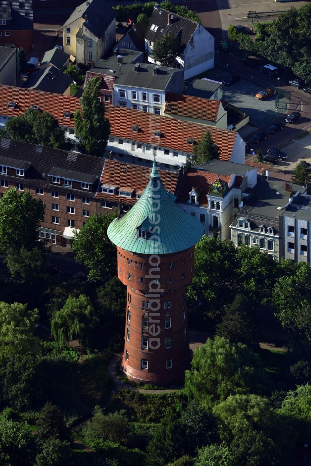 Cuxhaven from above - Monument of the water tower in the center of Cuxhaven in Lower Saxony