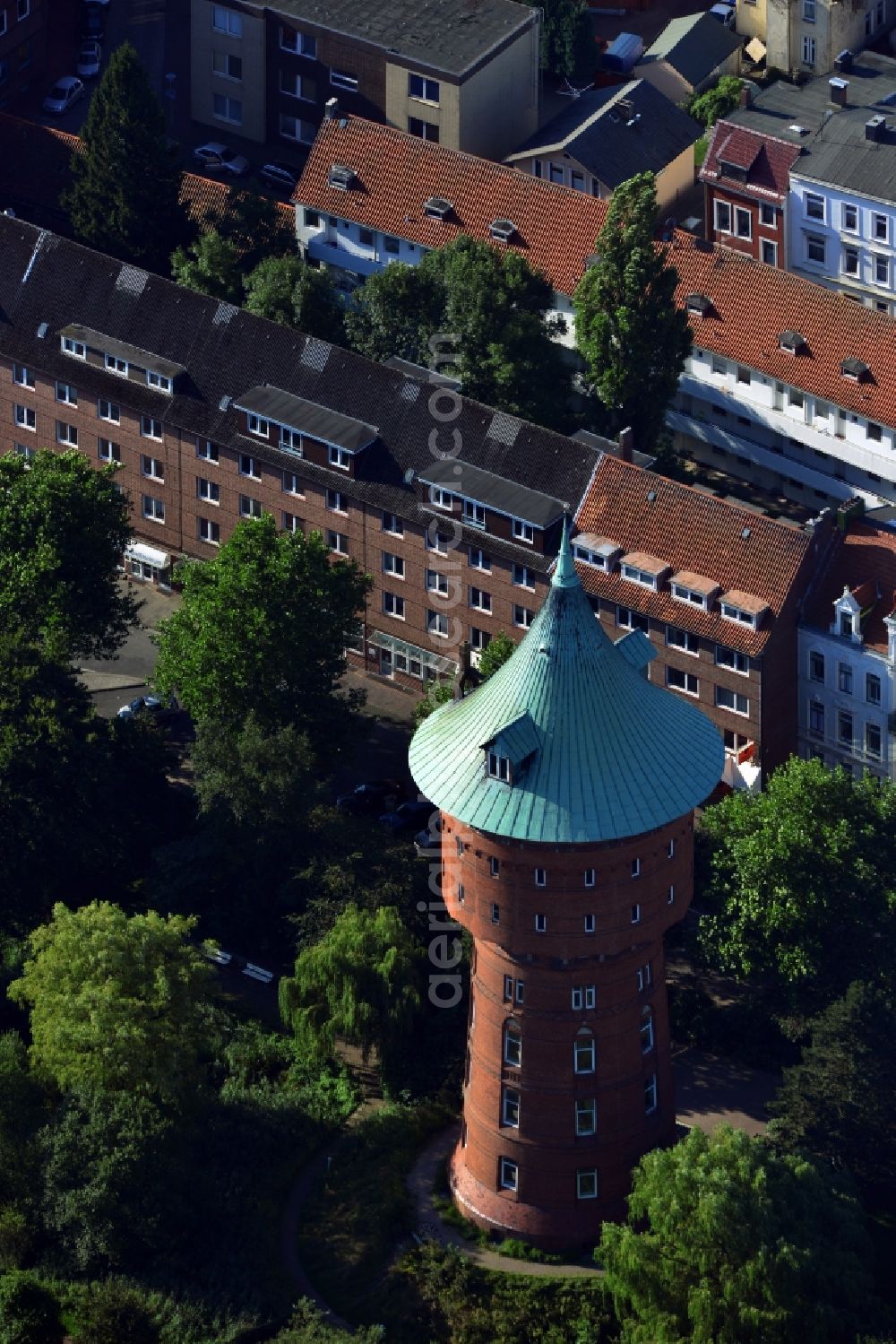 Cuxhaven from the bird's eye view: Monument of the water tower in the center of Cuxhaven in Lower Saxony