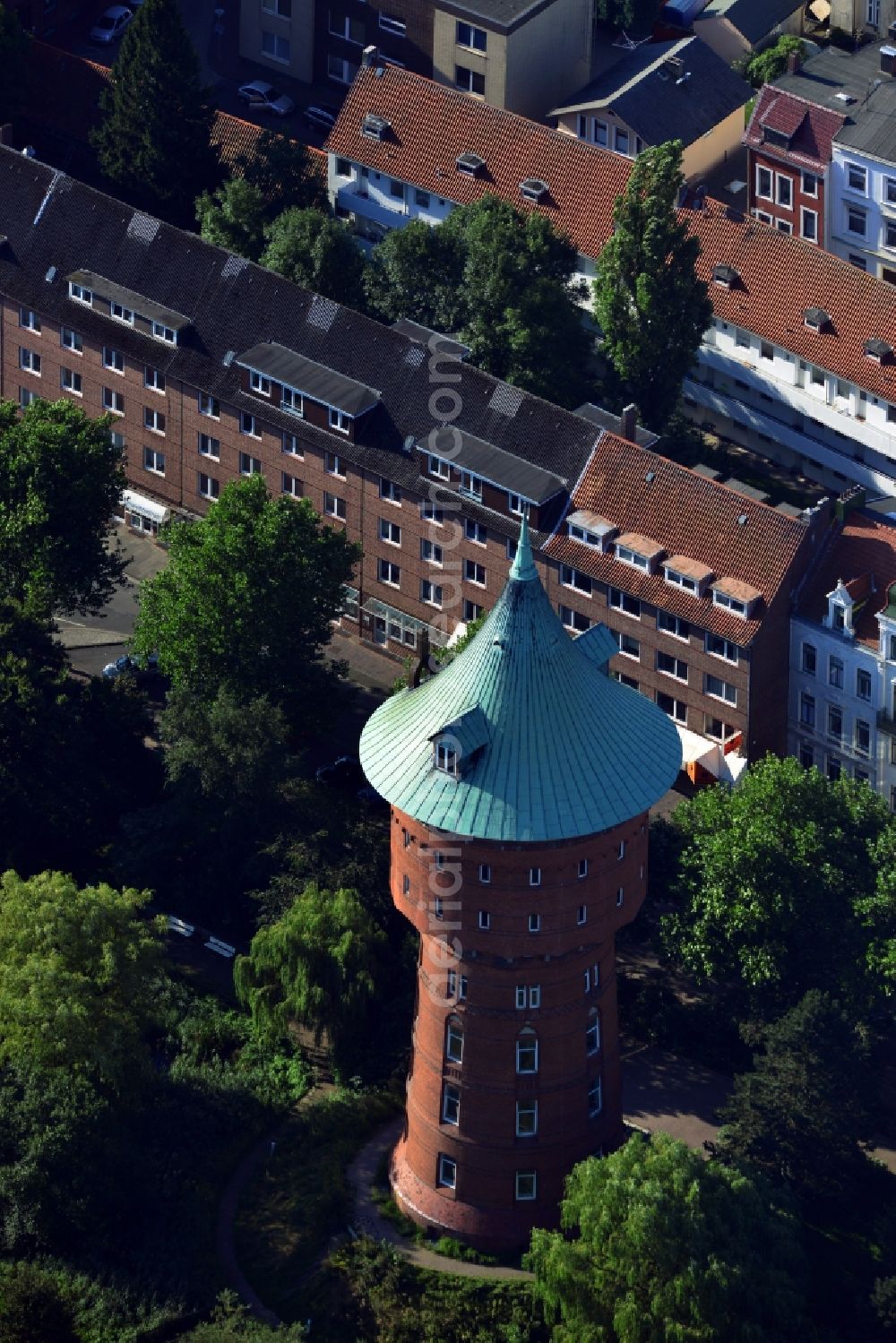 Aerial image Cuxhaven - Monument of the water tower in the center of Cuxhaven in Lower Saxony