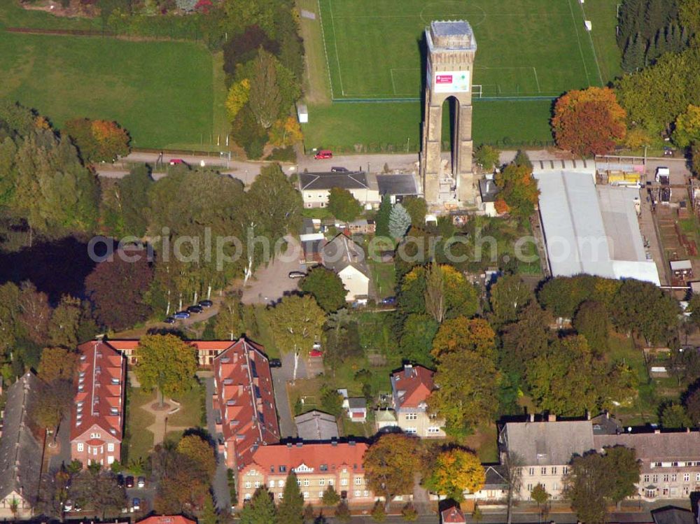 Eberswalde - Finow from the bird's eye view: Wasserturm an der Messingwerksiedlung (UNESCO-Denkmalsliste) in Eberswalde - Finow (Brandenburg). Bauordnungsamt, Untere Denkmalschutzbehörde, Heegermühler Str. 75, 16225 Eberswalde, Tel: 03334/214385, Fax: 03334/214379, E-Mail: martina.Kohl@barnim.de