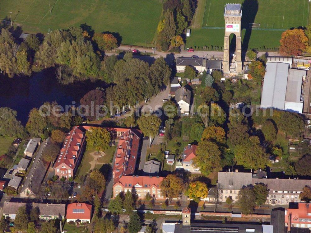 Aerial image Eberswalde - Finow - Wasserturm an der Messingwerksiedlung (UNESCO-Denkmalsliste) in Eberswalde - Finow (Brandenburg). Bauordnungsamt, Untere Denkmalschutzbehörde, Heegermühler Str. 75, 16225 Eberswalde, Tel: 03334/214385, Fax: 03334/214379, E-Mail: martina.Kohl@barnim.de