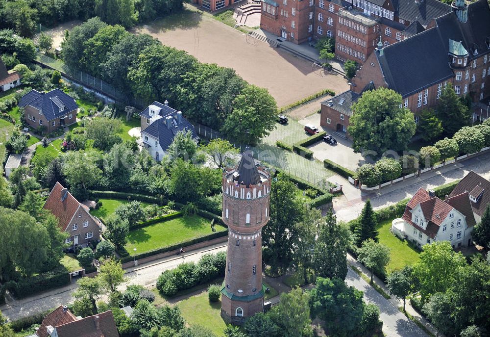 Aerial image Eutin - Blick auf den Wasserturm Eutin. Der 38 m hohe Backsteinturm wurde 1909 errichtet. Im Sommer wird er als Aussichtsturm genutzt und im Turm finden regelmäßig Ausstellungen zeitgenössischer Kunst statt. View of the water tower Eutin. The 38-meter-high brick tower was built in 1909. In summer it is used as an observation tower and is regular used for exhibitions of contemporary art.