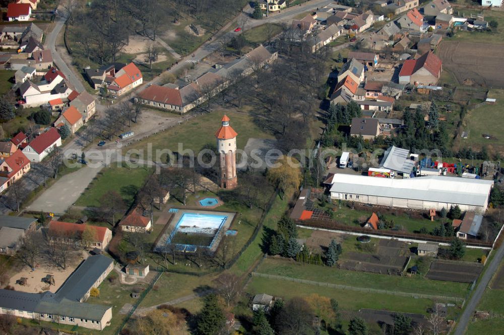 Aerial photograph Niemegk - Blick auf den als Baudenkmal eingetragenen Wasserturm. Kontakt: Amt Niemegk, Großstr. 6, 14823 Niemegk, Tel. +49(0)33843 6270, Fax +49(0)33843 51529