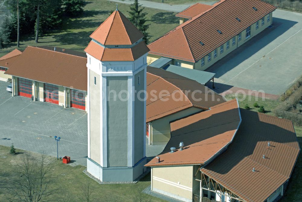 Müncheberg from above - Blick auf den sanierten Wasserturm Müncheberg und das Gerätehaus der Ortsfeuerwehr. View of the renovated water tower and the appliance room of the local fire brigade.