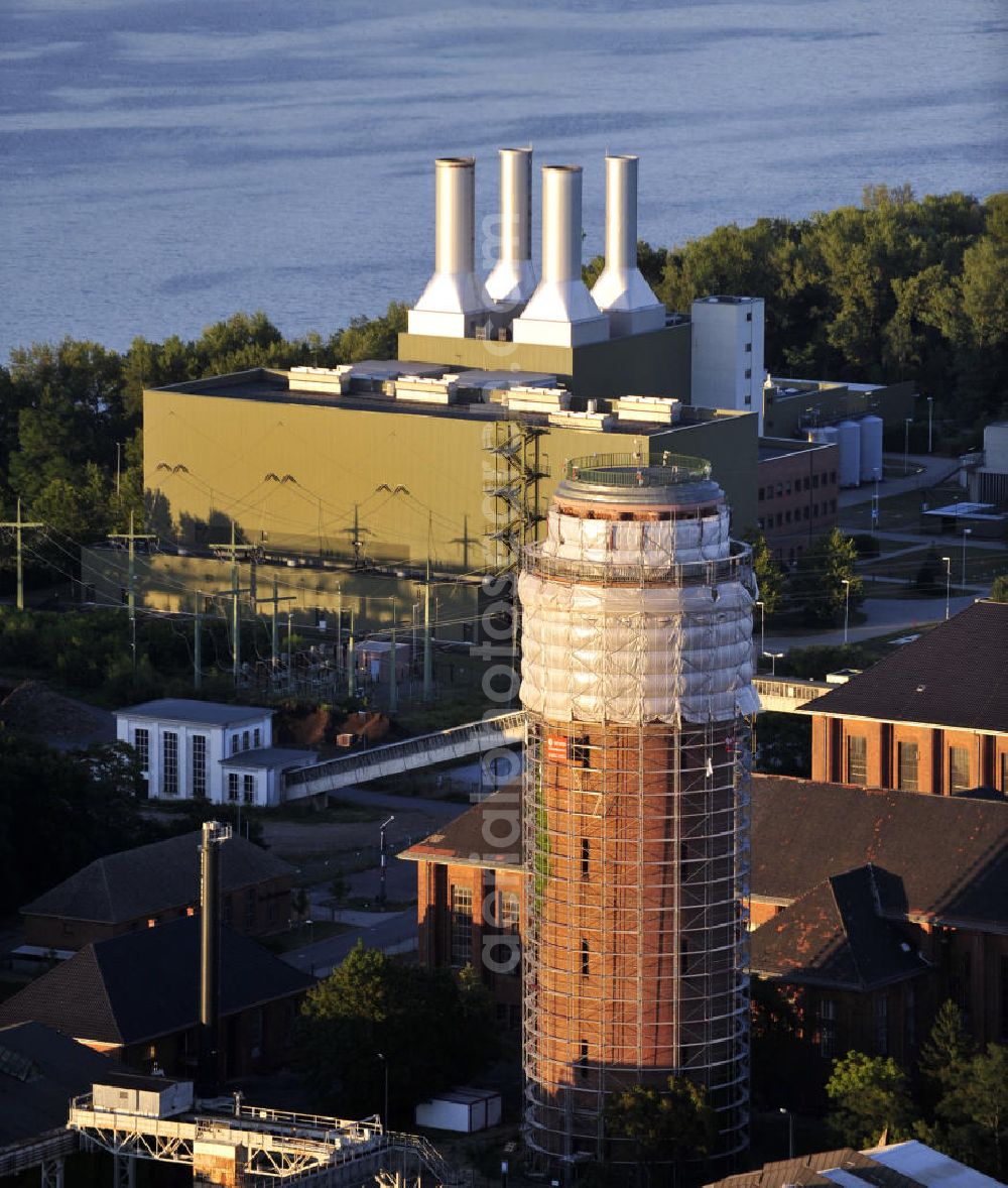 Brandenburg an der Havel / Ortsteil Kirchmöser from above - Der sich im Zustand der Sanierung befindliche Wasserturm und das Kraftwerk Kirchmöser im Ortsteil Kirchmöser der Stadt Brandenburg an der Havel, Brandenburg. Water tower, in the state of reconstruction, and the generating plant Kirchmoeser in the district Kirchmoeser of Brandenburg an der Havel, Brandenburg.