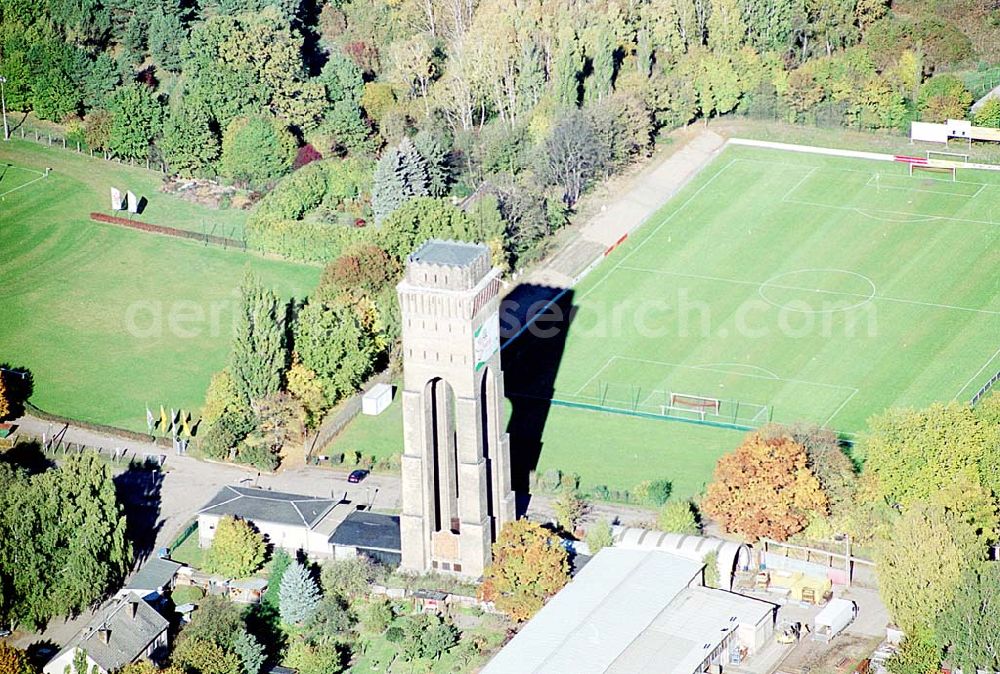 Aerial image Eberswalde / Brandenburg - Wasserturm an der Messingwerksiedlung (UNESCO-Denkmalsliste) in Eberswalde - Finow (Brandenburg). Bauordnungsamt Untere Denkmalschutzbehörde Heegermühler Str. 75 16225 Eberswalde Tel: 03334/214385 Fax: 03334/214379 E-Mail: martina.Kohl@barnim.de