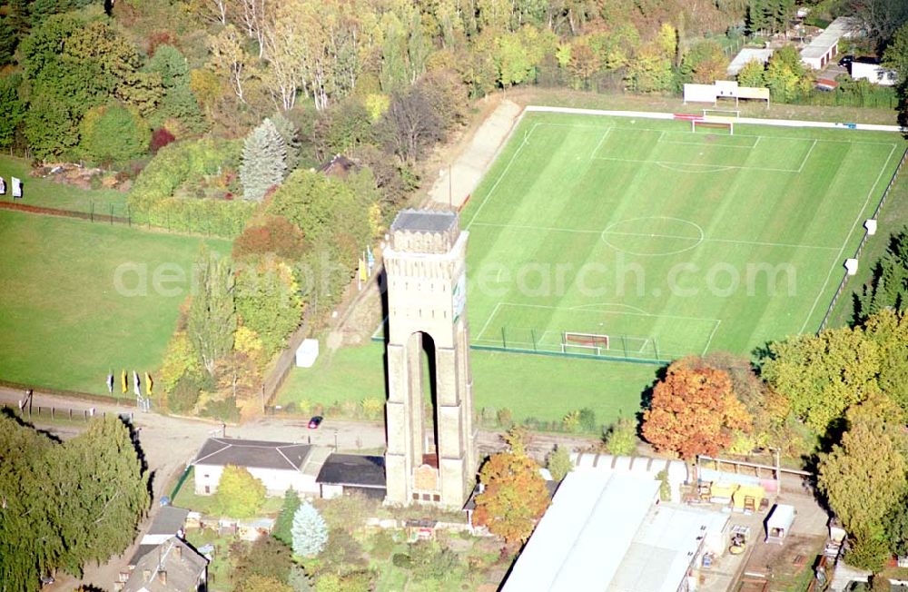 Aerial photograph Eberswalde / Brandenburg - Wasserturm an der Messingwerksiedlung (UNESCO-Denkmalsliste) in Eberswalde - Finow (Brandenburg). Bauordnungsamt Untere Denkmalschutzbehörde Heegermühler Str. 75 16225 Eberswalde Tel: 03334/214385 Fax: 03334/214379 E-Mail: martina.Kohl@barnim.de