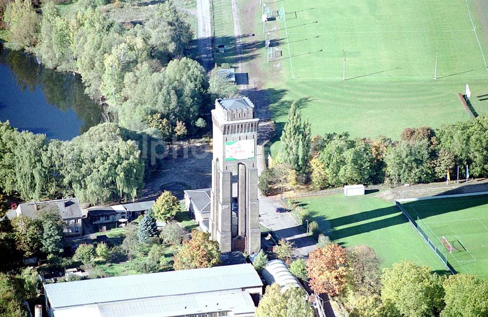 Aerial image Eberswalde / Brandenburg - Wasserturm an der Messingwerksiedlung (UNESCO-Denkmalsliste) in Eberswalde - Finow (Brandenburg). Bauordnungsamt Untere Denkmalschutzbehörde Heegermühler Str. 75 16225 Eberswalde Tel: 03334/214385 Fax: 03334/214379 E-Mail: martina.Kohl@barnim.de