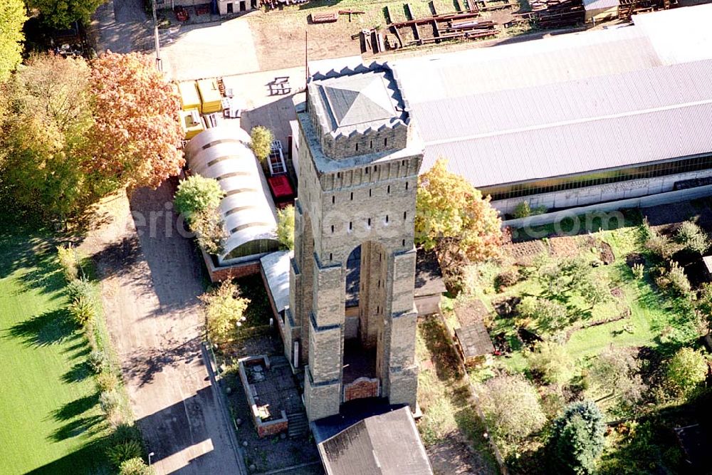 Aerial image Eberswalde / Brandenburg - Wasserturm an der Messingwerksiedlung (UNESCO-Denkmalsliste) in Eberswalde - Finow (Brandenburg). Bauordnungsamt Untere Denkmalschutzbehörde Heegermühler Str. 75 16225 Eberswalde Tel: 03334/214385 Fax: 03334/214379 E-Mail: martina.Kohl@barnim.de