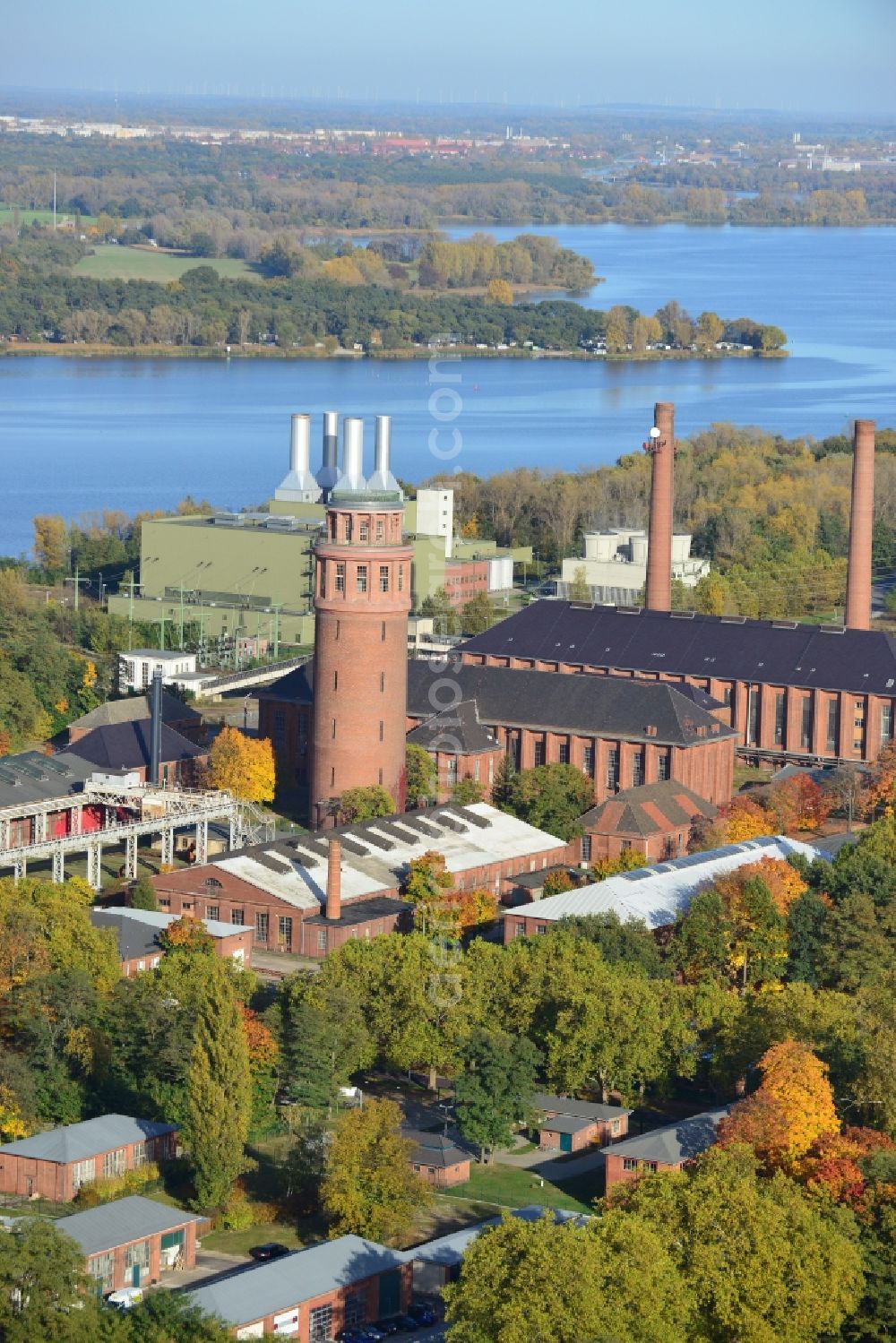 Aerial photograph Brandenburg an der Havel - View of the landmark of Kirchmöser, the water tower. This building is a protected monument and is today used by the forestry industry as a guard and coordination point