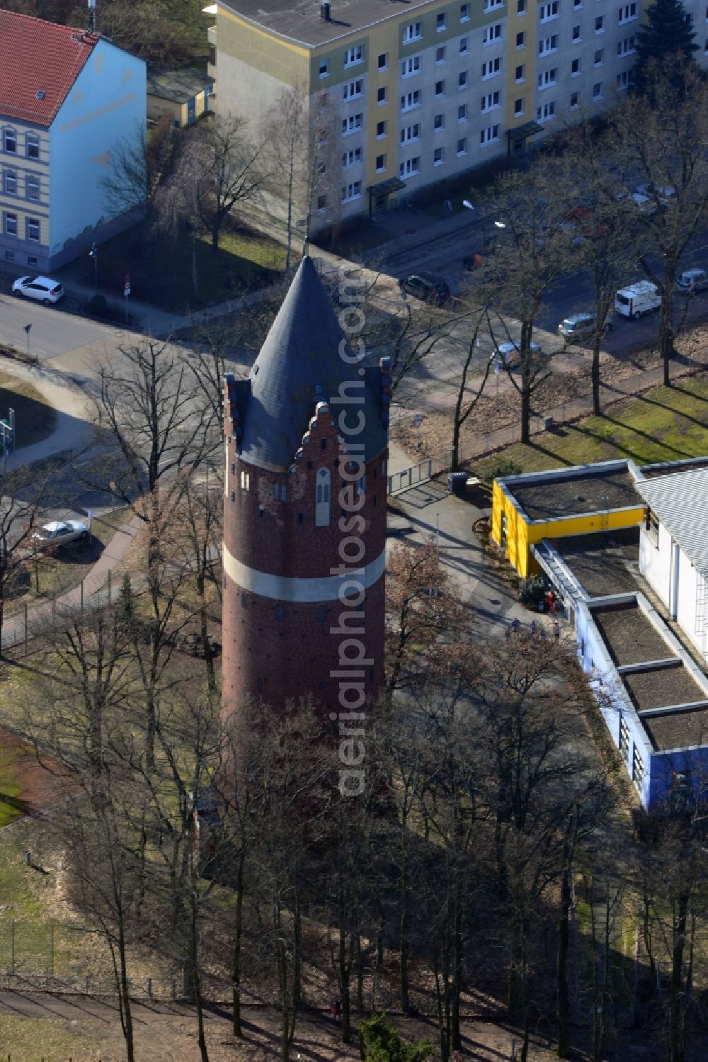 Bernau from above - View the water tower of Bernau. The landmarked building was responsible for the pressure exchange in the city's water system