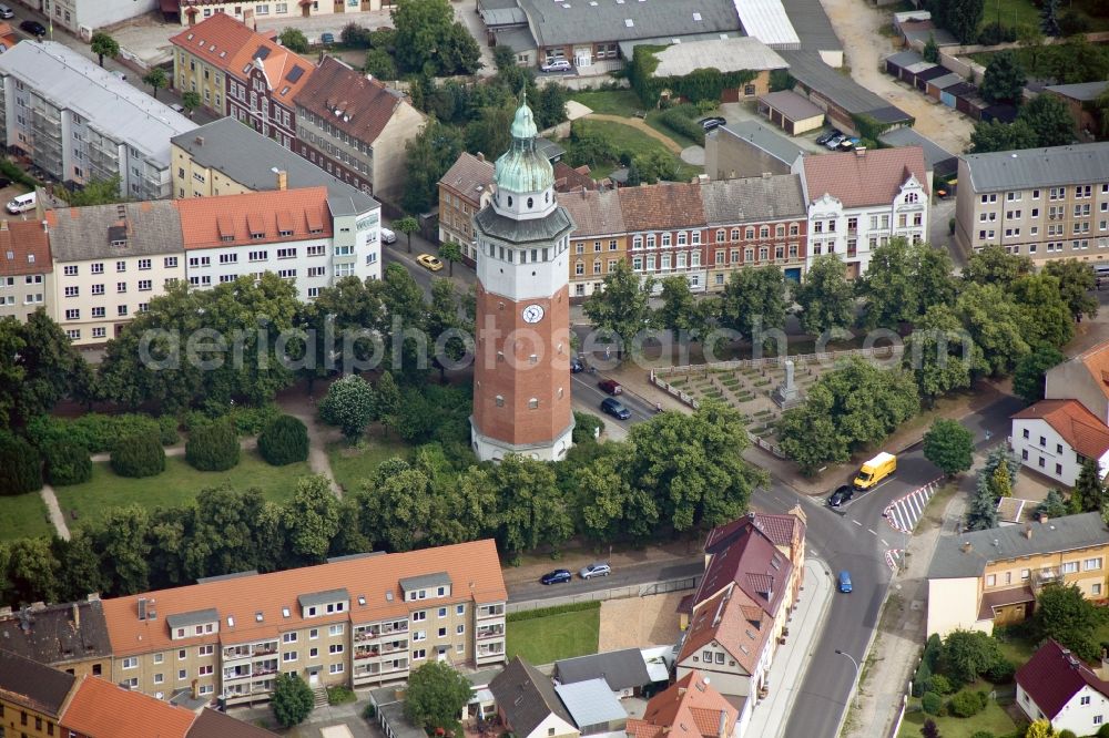 Finsterwalde from above - Water tower in the center of Finsterwalde in Brandenburg