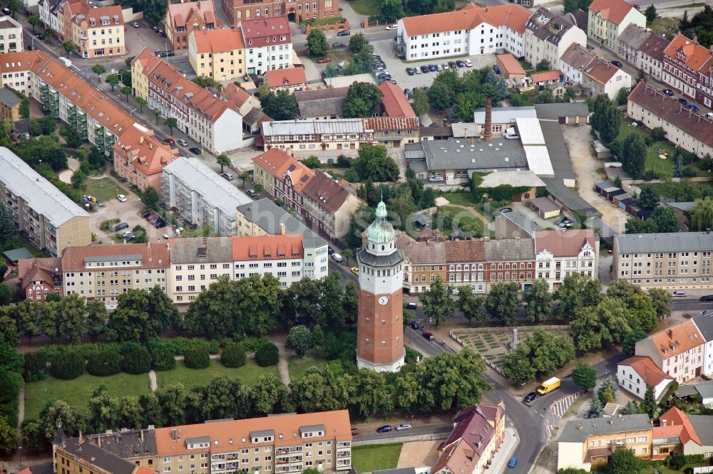 Finsterwalde from the bird's eye view: Water tower in the center of Finsterwalde in Brandenburg