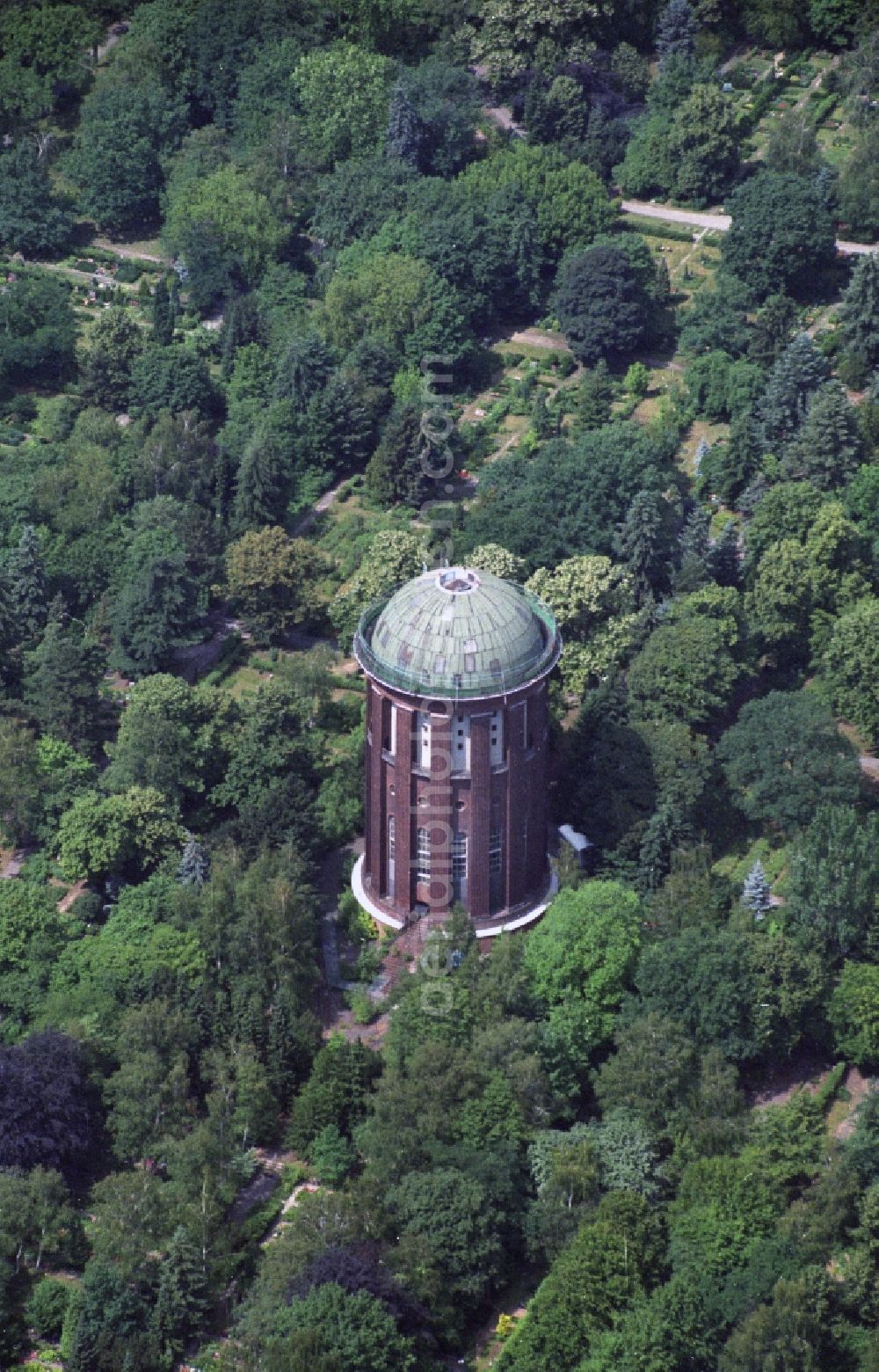 Berlin Steglitz from the bird's eye view: Water tower of the municipal cemetery in Berlin Steglitz