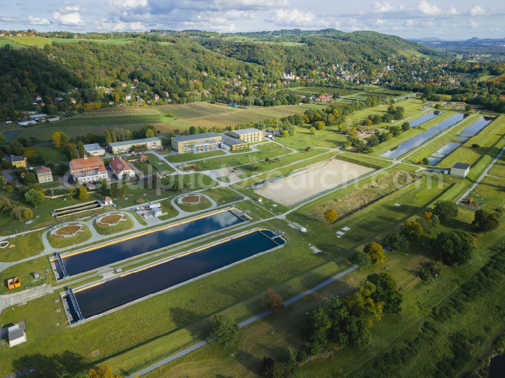 Aerial photograph Dresden - Waterworks for drinking water treatment DVGW Technologiezentrum Wasser (TZW) on street Wasserwerkstrasse in the district Hosterwitz in Dresden in the state Saxony, Germany