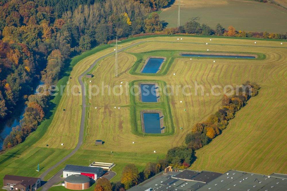 Arnsberg - Neheim - Moosfelde from above - Structure of the waterworks with high storage facility in Arnsberg in the state North Rhine-Westphalia