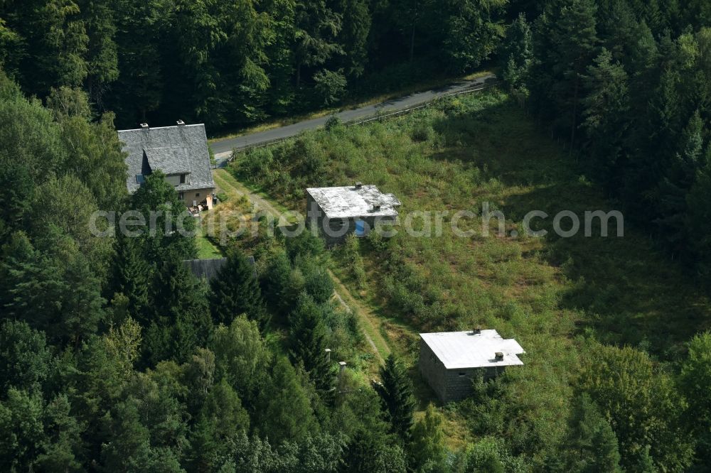 Lauter-Bernsbach from above - Structure of the waterworks with high storage facility in Lauter-Bernsbach in the state Saxony