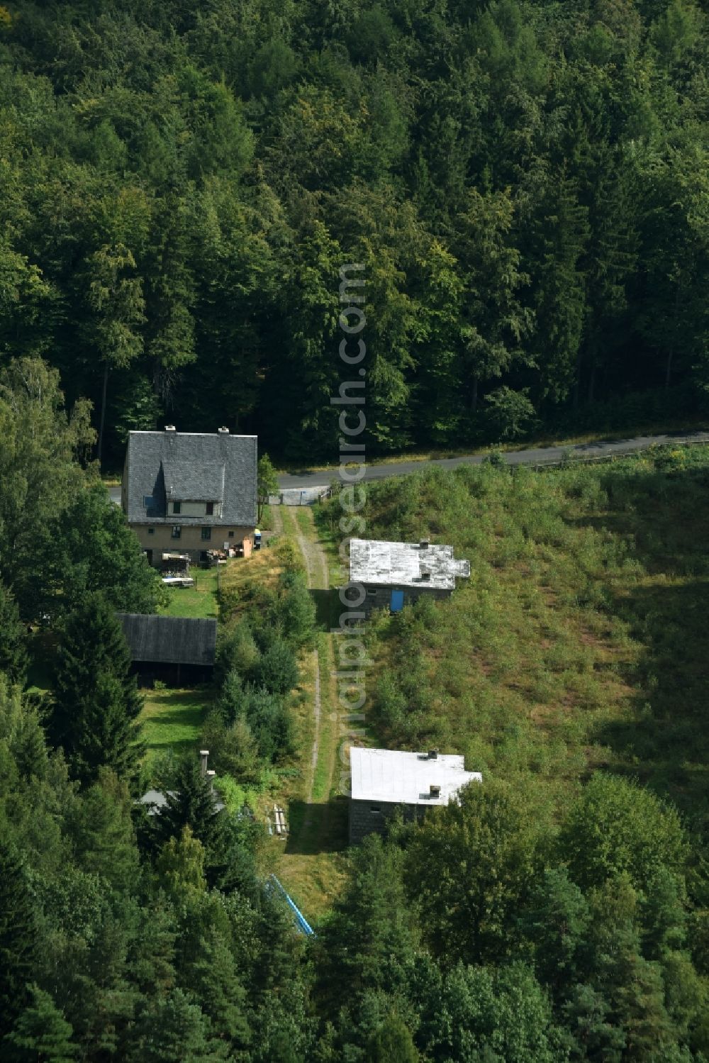 Lauter-Bernsbach from the bird's eye view: Structure of the waterworks with high storage facility in Lauter-Bernsbach in the state Saxony