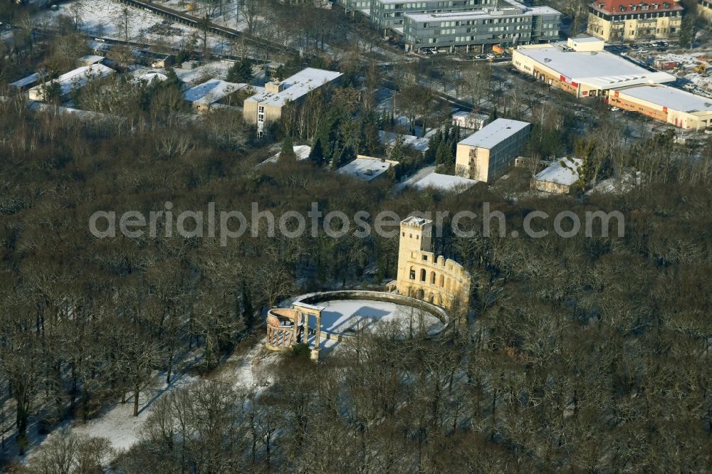 Aerial image Potsdam - Wintry snowy waterworks with high storage facility in Potsdam in the state Brandenburg